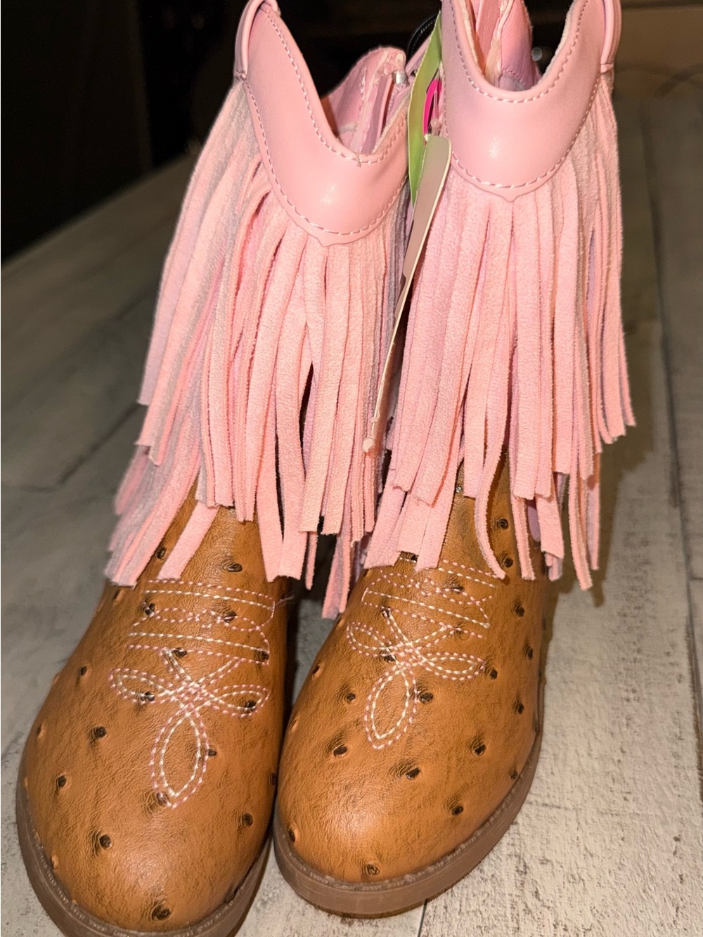 PAWZ Pink Fringe Tan Kids Cowboy Boots